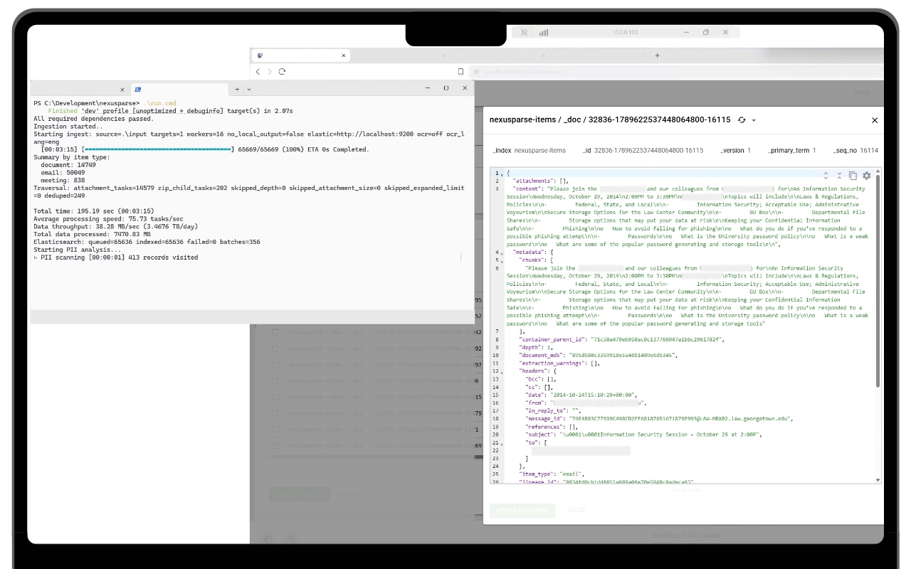 NexusParse running on a laptop, showing ingestion progress and structured document output.